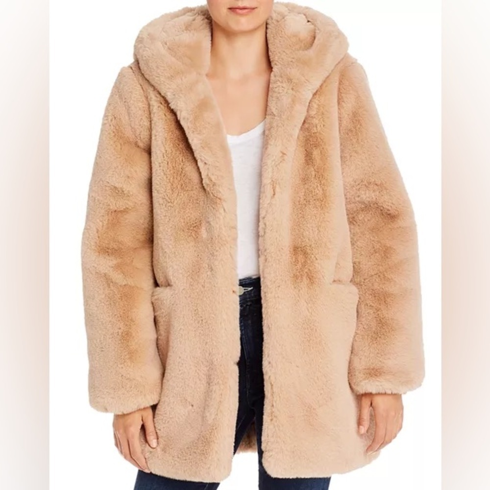 Apparis Sand Plush Faux Fur Hooded Coat M Neutral Beige Vegan Luxe Soft NWOT - Picture 13 of 13